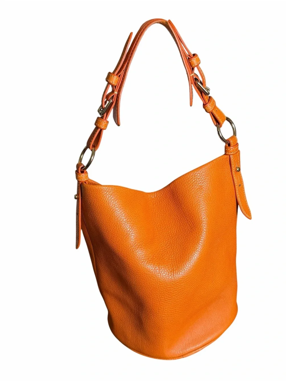 Dooney & Bourke Orange Pebbled Leather Bucket Hobo Shoulder Bag Y2K Pink Lining